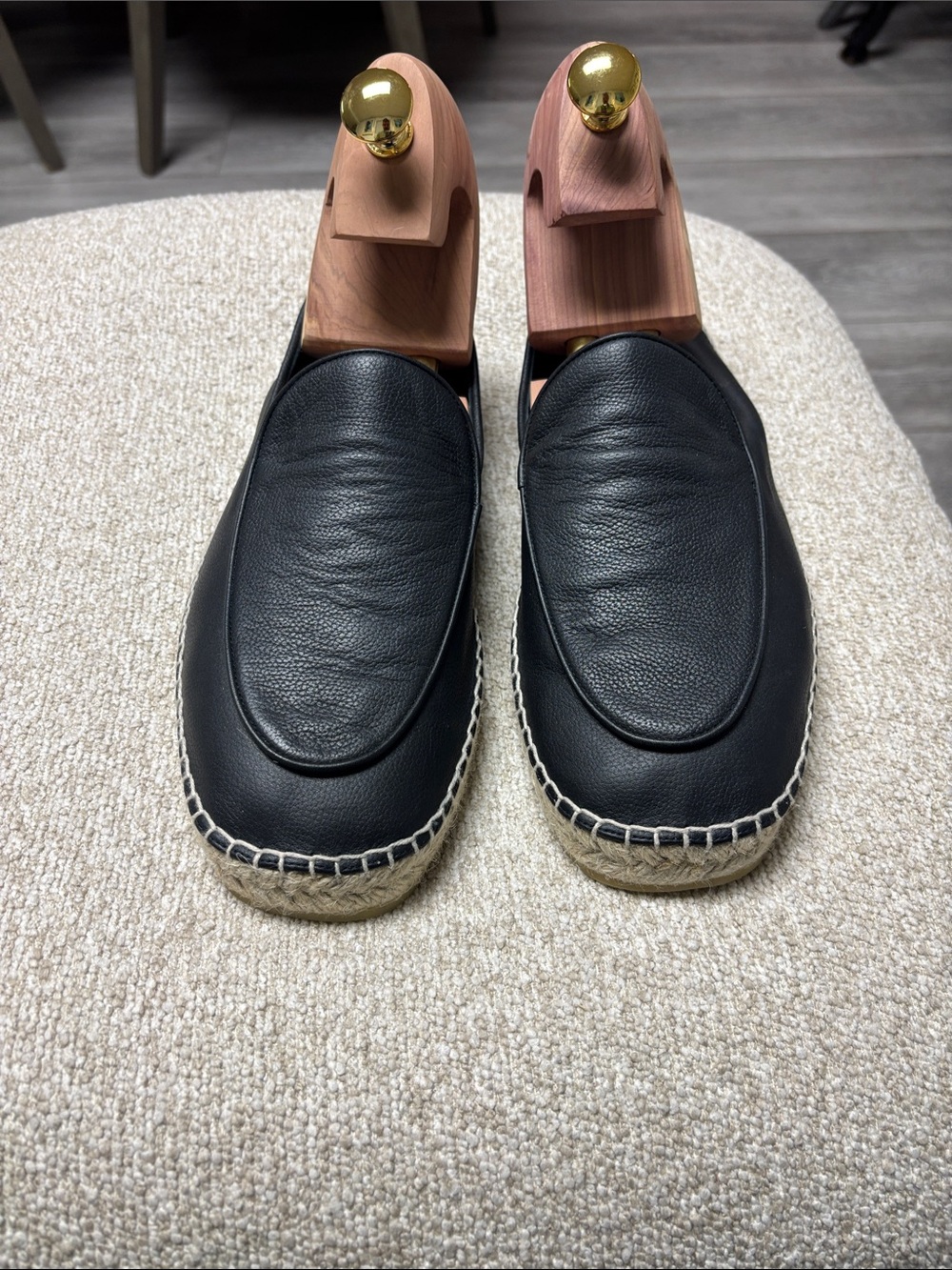Jimmy Choo Black Leather Espadrille Loafers with Jute Trim